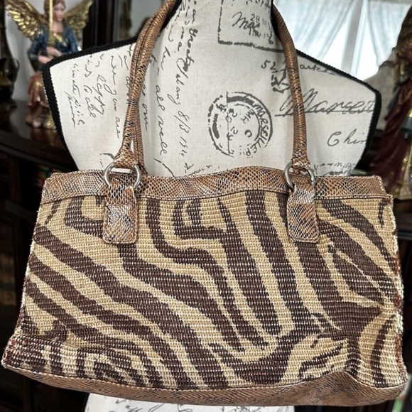 Women’s Sag Harbor Double Handle Tote Shoulder Snake Woven Print Linen Lining - Picture 2 of 4